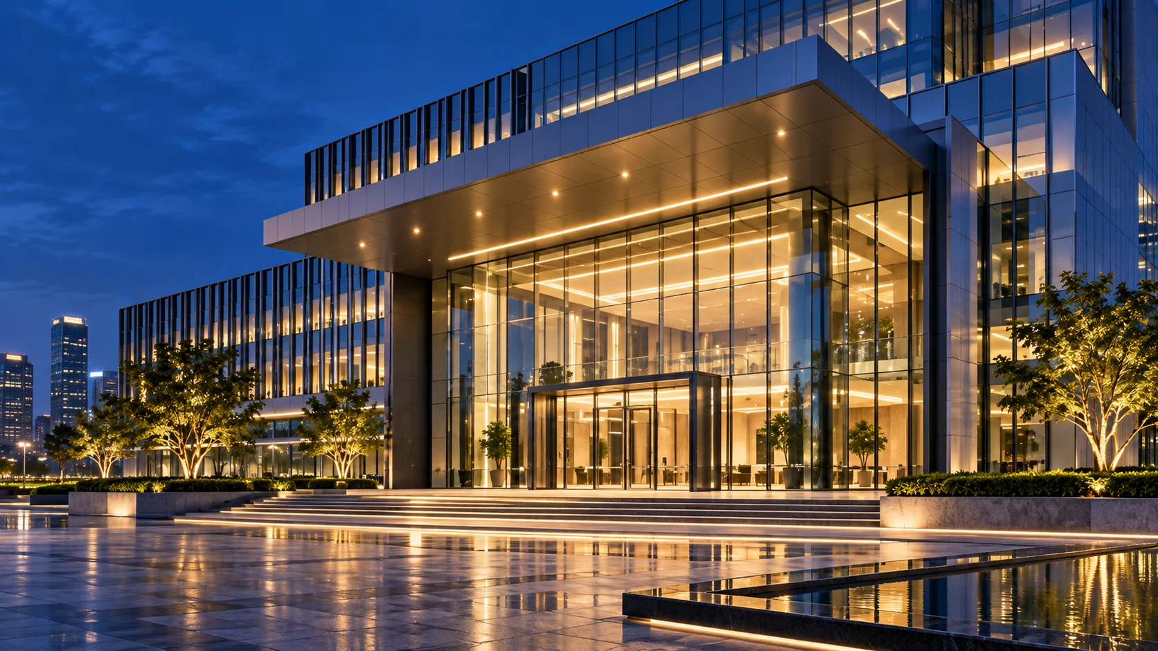 Modern enterprise headquarters at night