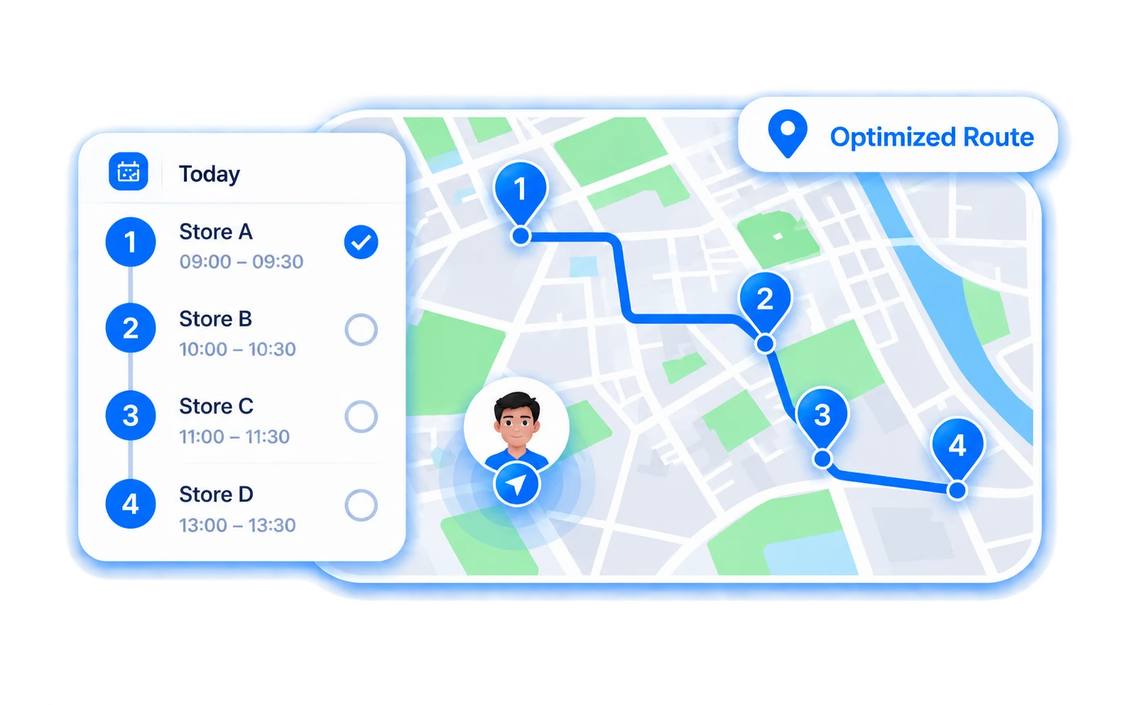 Optimized field visit route with scheduled store stops