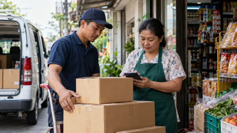 Delivery driver and store owner check cartons during delivery receipt.
