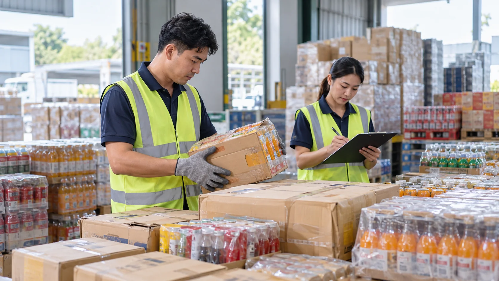 Warehouse staff inspect returned goods and record their condition.
