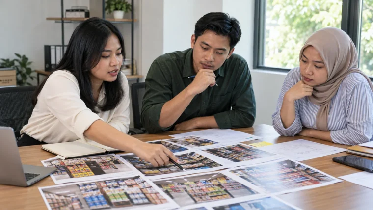 Commercial team reviews store promotion photographs and planning documents.
