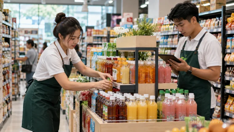 Store staff adjust a beverage promotional display during a campaign.