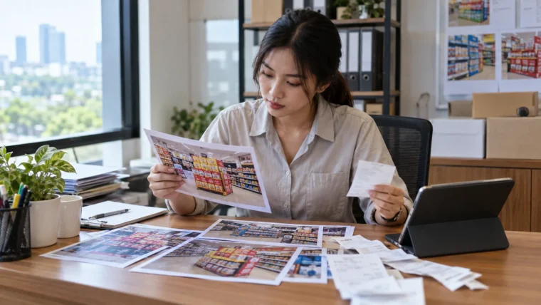 Trade marketing coordinator reviews receipts and store photographs for a promotion claim.