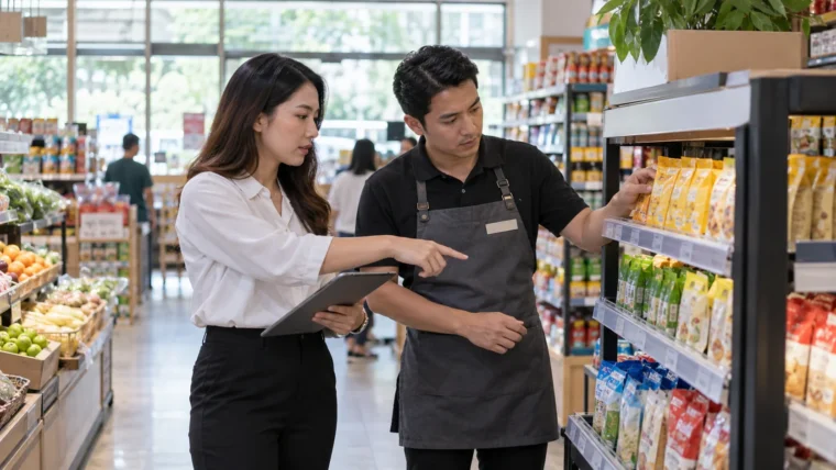Trade marketing colleagues inspect a pilot promotional shelf in a grocery store.