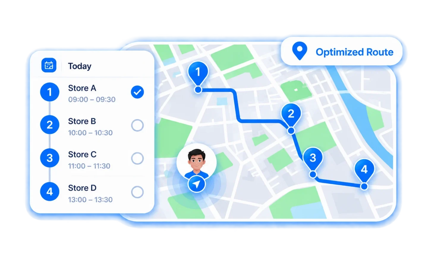 Optimized field visit route with scheduled store stops